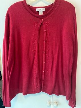CherokeeTwin Set Deep Red Button-Front Cardigan with Floral Embroidery & Top